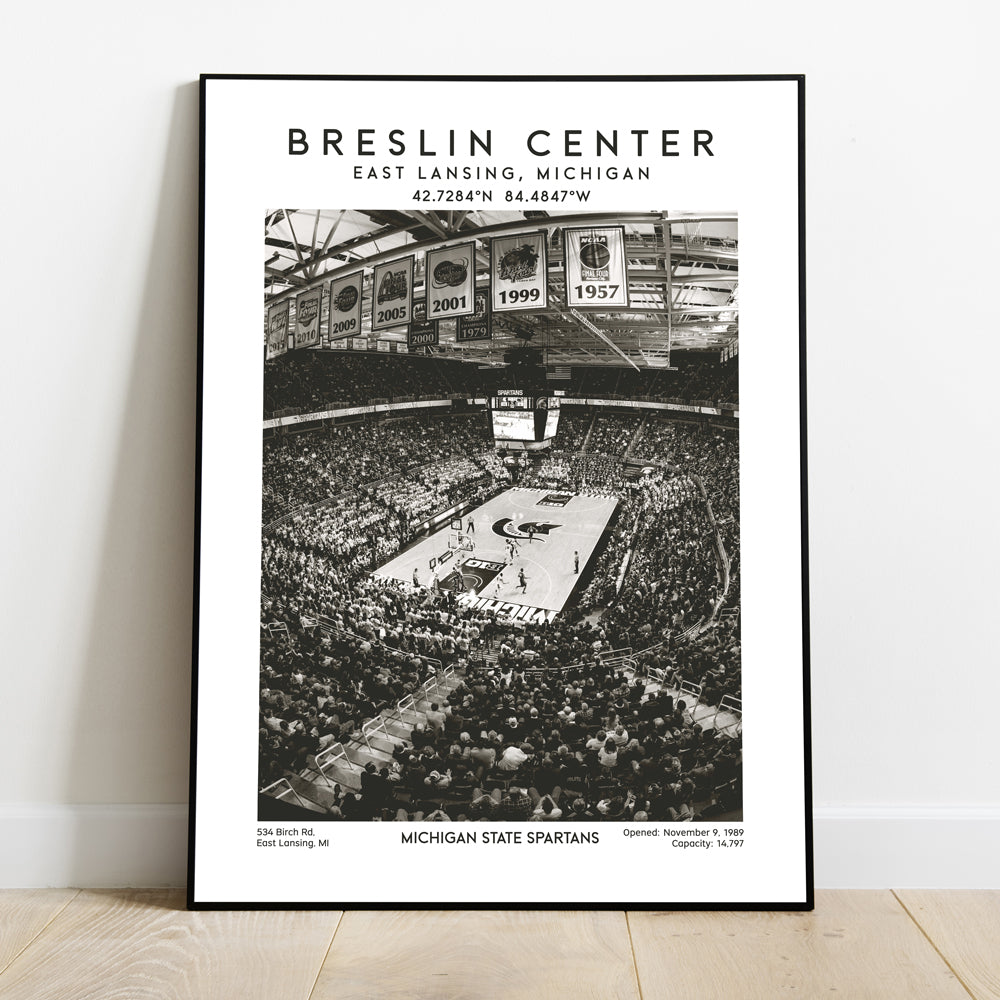 Breslin Center poster, Michigan State Spartans basketball arena wall art, Black & White print