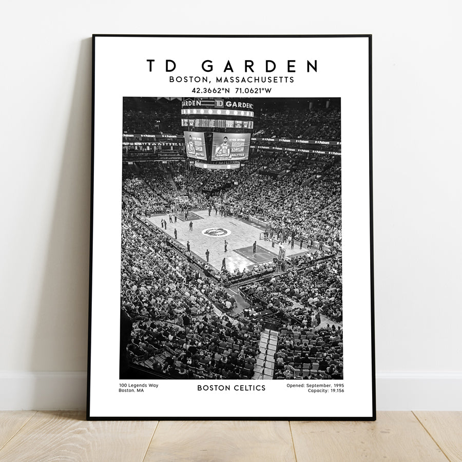 Boston Celtics TD Garden print, iconic NBA basketball stadium wall decor, Black & White posters