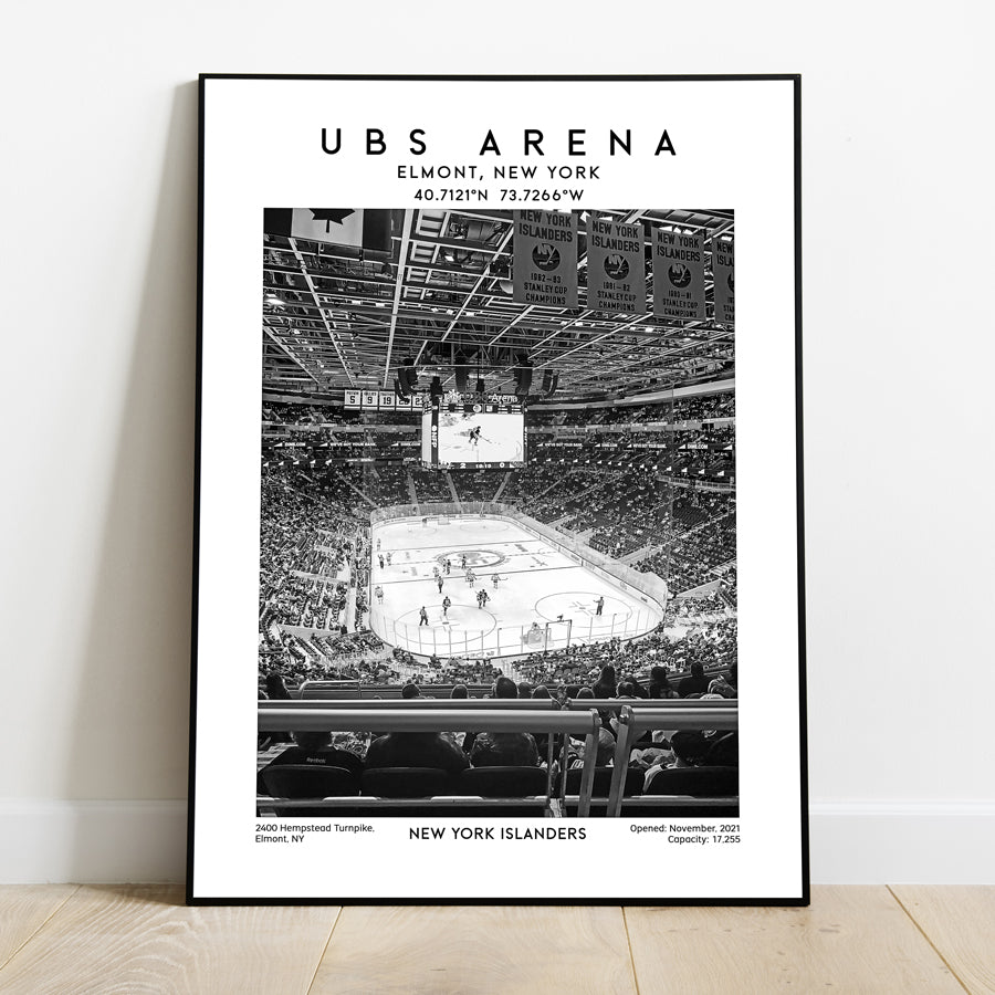 UBS Arena print, New York Islanders hockey stadium wall art, Black & White poster