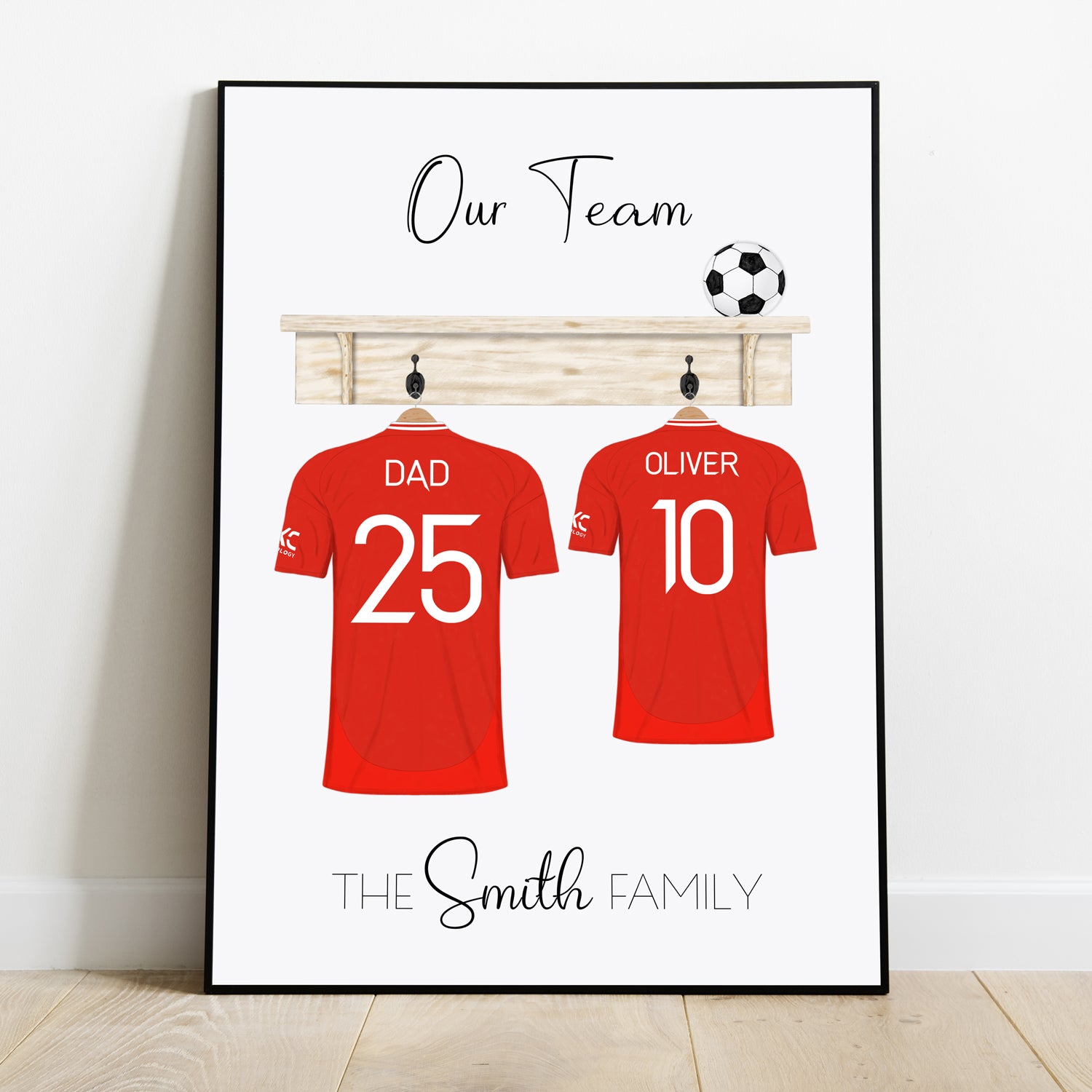 Personalised Manchester football shirt family Print, soccer print gift for fans