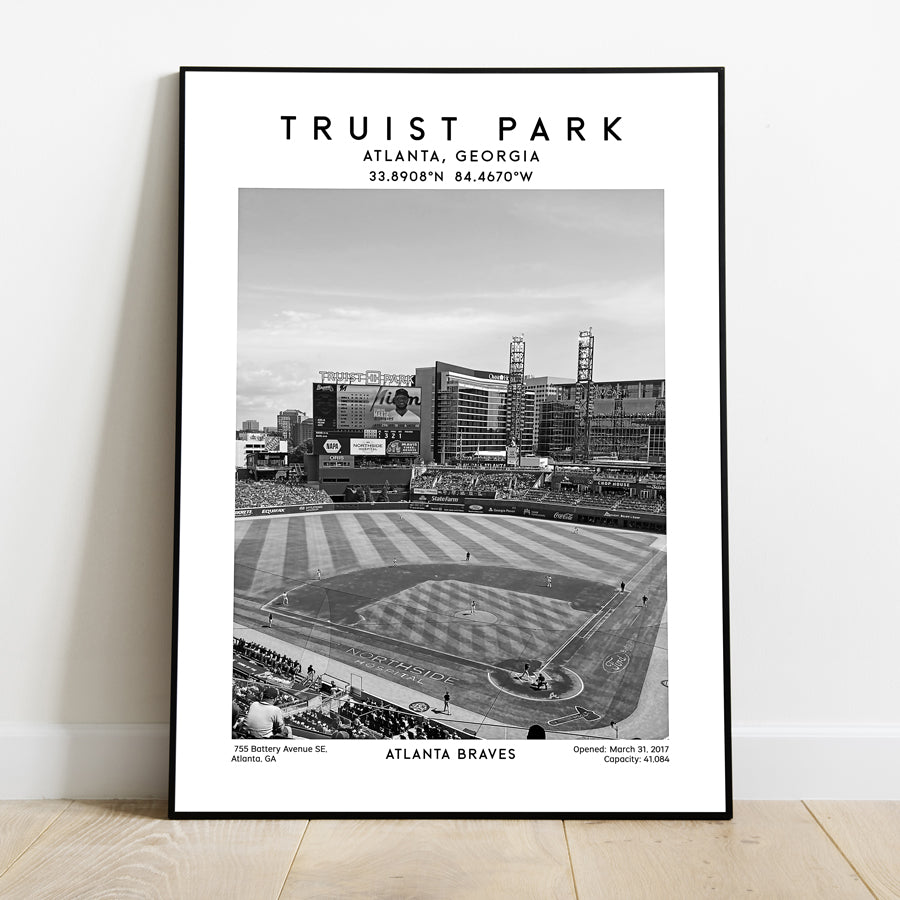 Truist Park print, home of the Atlanta Braves, MLB stadium poster, Black & White wall art