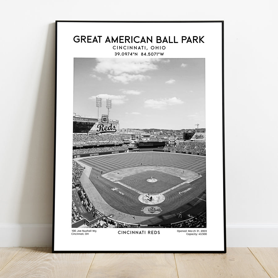 Cincinnati Reds in Action at Great American Ball Park Black & White Stadium Poster Print