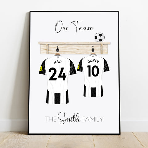 Personalised football shirt family Print, Newcastle fans gift, birthday gift, Christmas gift