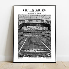 SoFi Stadium print, Los Angeles Chargers football stadium wall art, NFL decor, Black & White poster