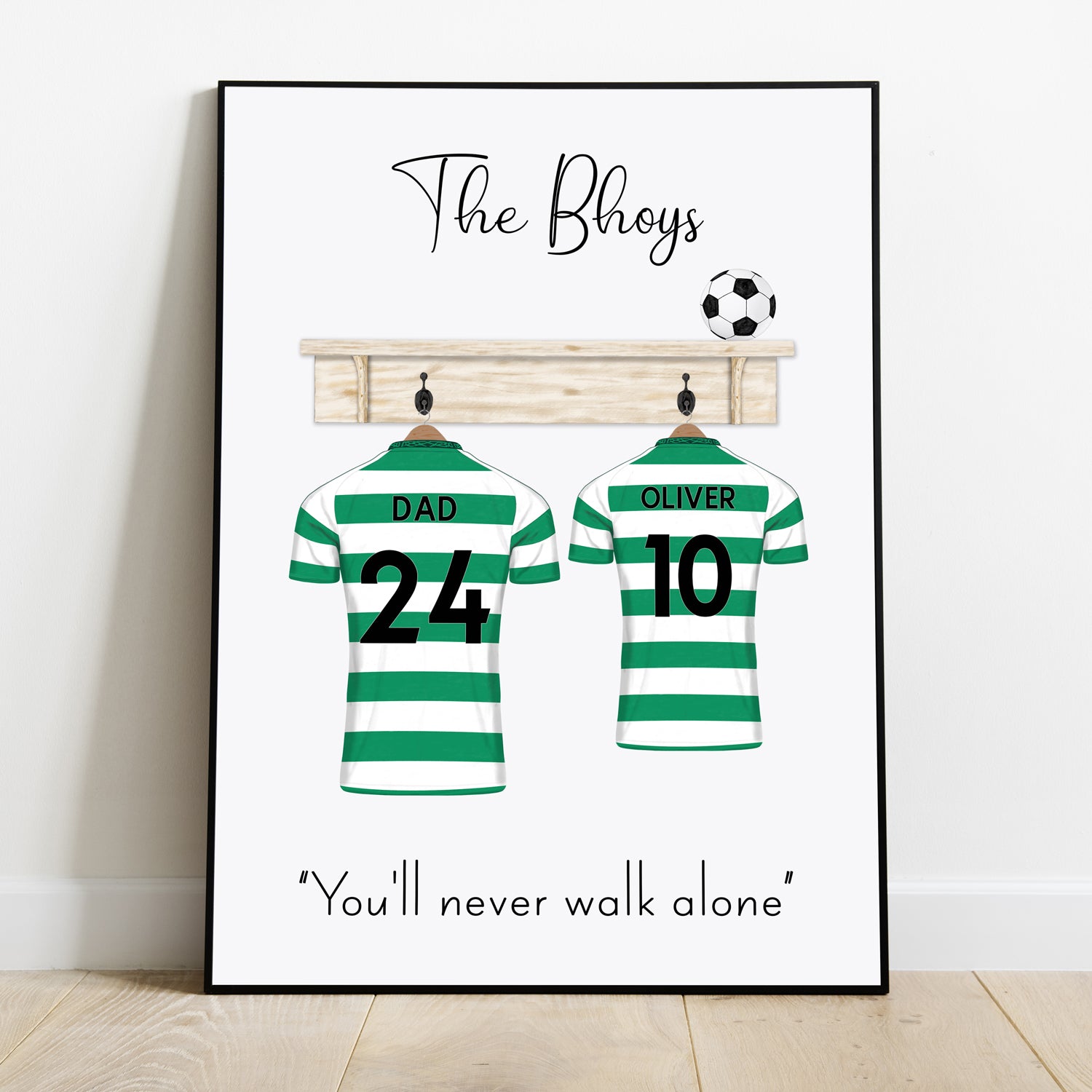 Personalised Celtic football shirt family Print, custom football poster, gift for dad, uncle, father, grandad, mother