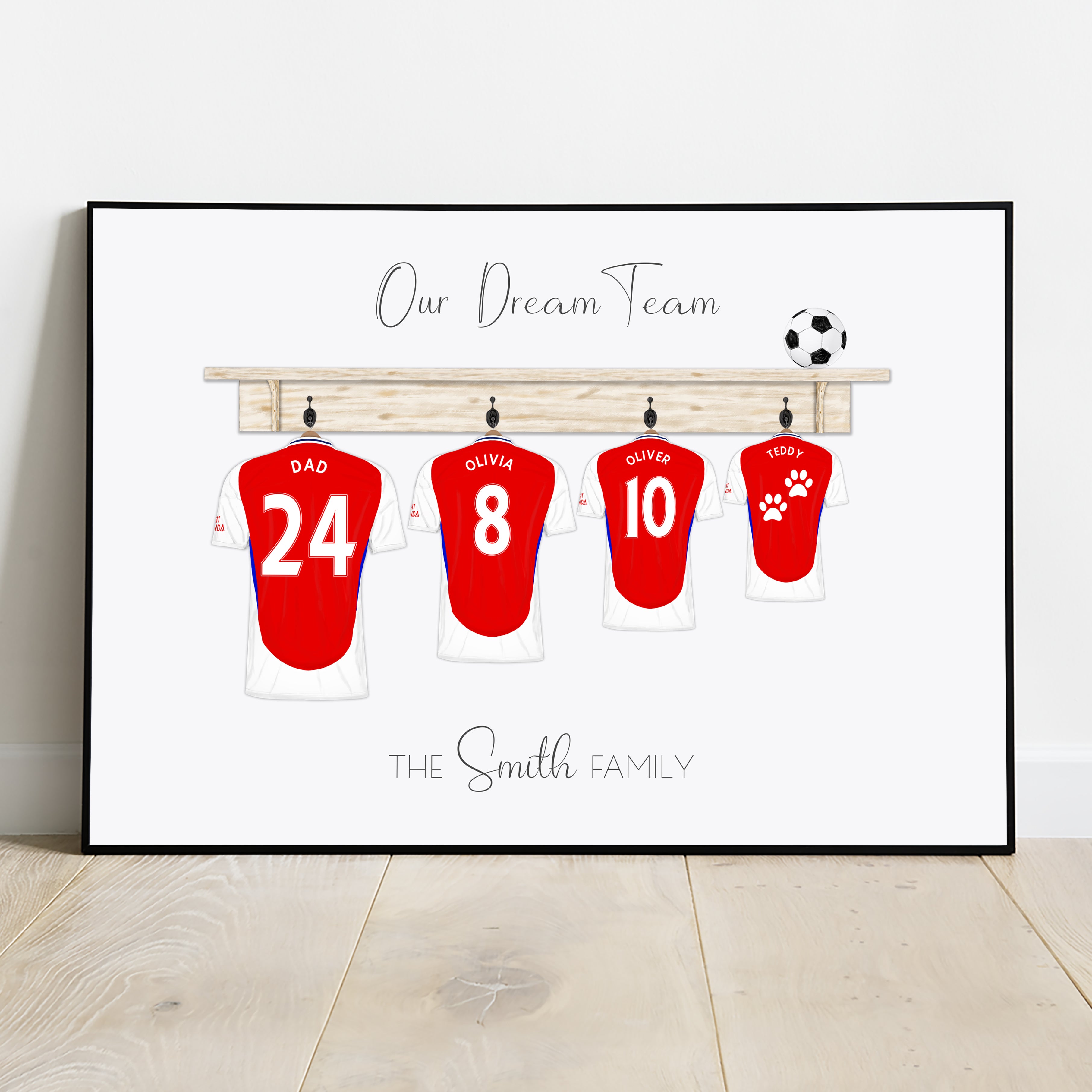 Custom Arsenal team football shirt family print, personalized Arsenal 2024-25 shirt wall art.