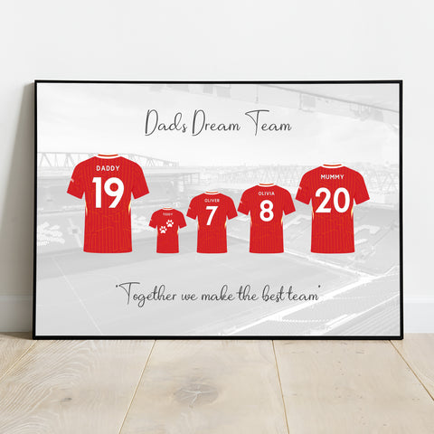 Personalised Family Football Print, Custom Football Liverpool Shirt Poster, Birthday Gift