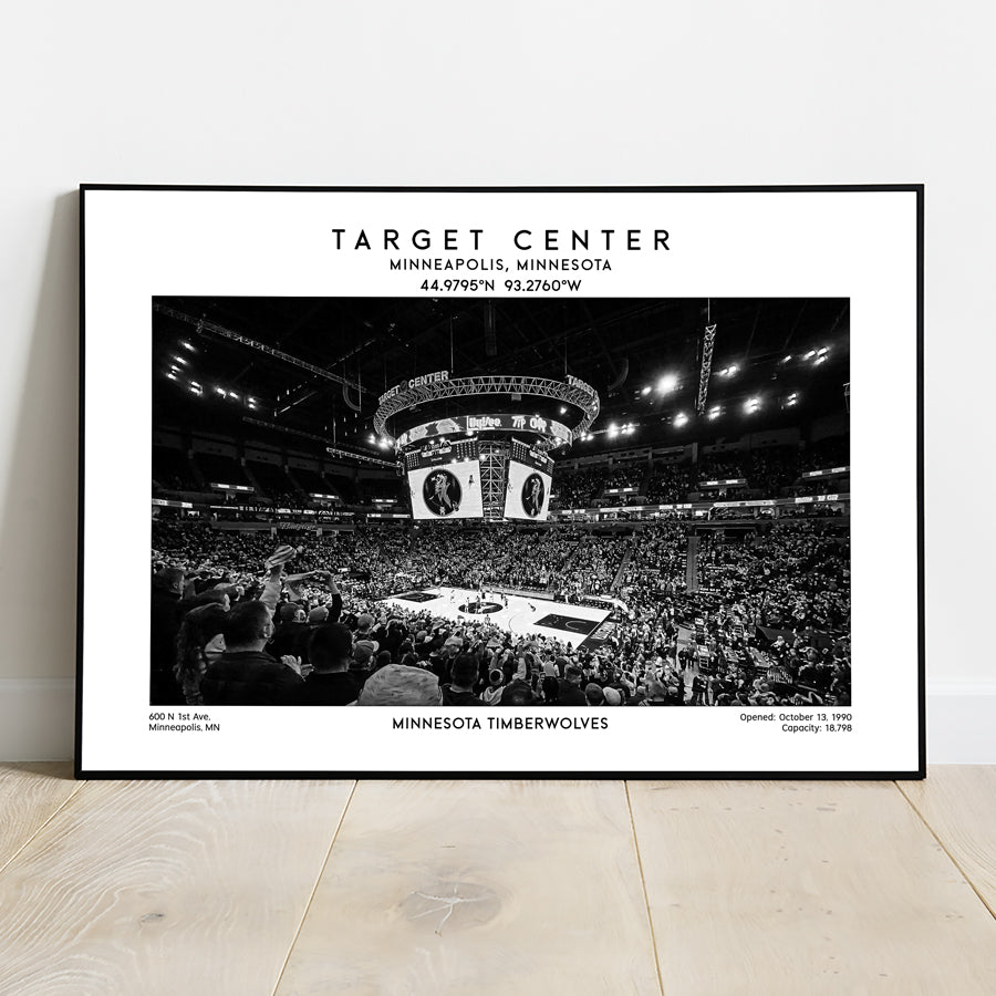 Target Centre print, Minnesota Timberwolves basketball stadium wall art,Black & White poster