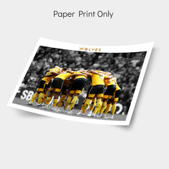 Wolverhampton Wanderers team huddle at Molineux Stadium, iconic football moment poster