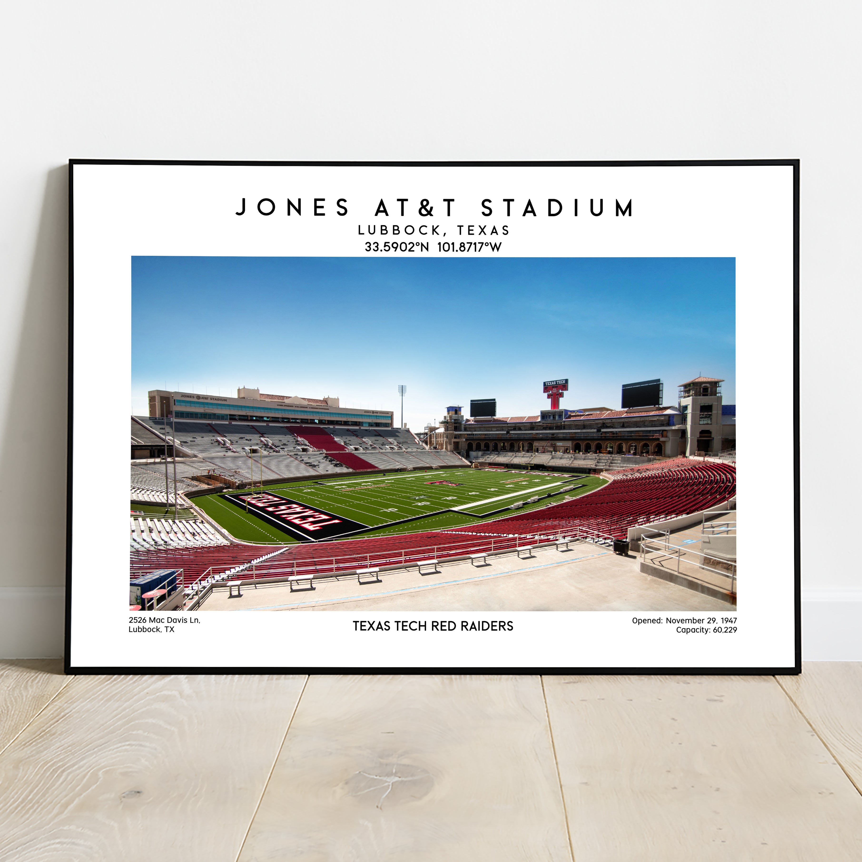 Texas Tech Red Raiders Jones AT&T Stadium print, iconic NCAA football stadium wall decor