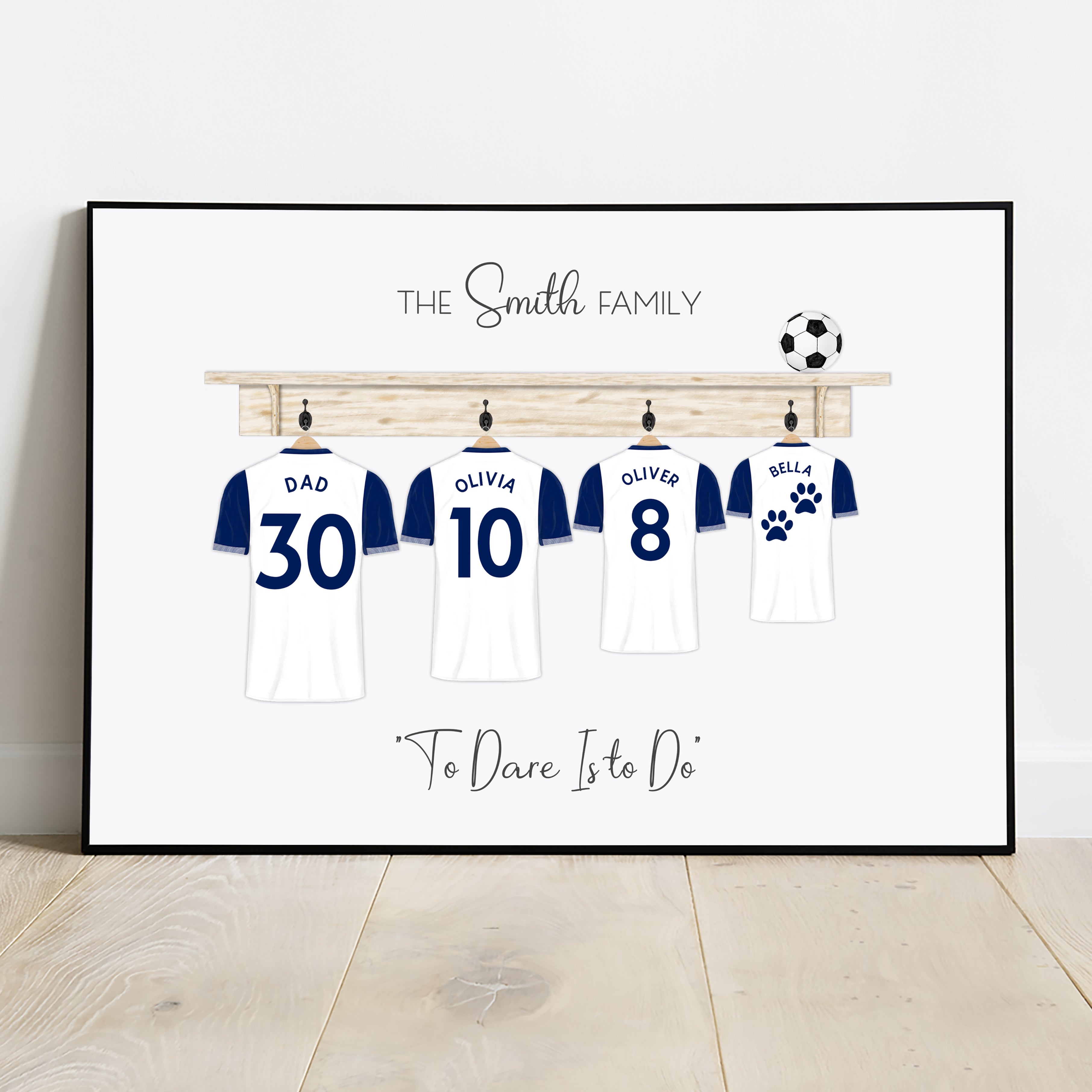 Customisable Tottenham family football shirt print, personalised team poster wall art, birthday gift